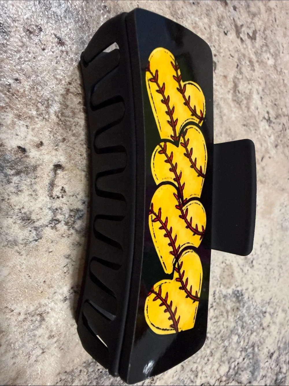 Hand Crafted Black Hair Clip with Yellow Softball Heart Design